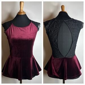 VTG Burgundy Velvet Lace Peplum Tank Sz M 90s Y2K Babydoll Open Back Pinup Goth